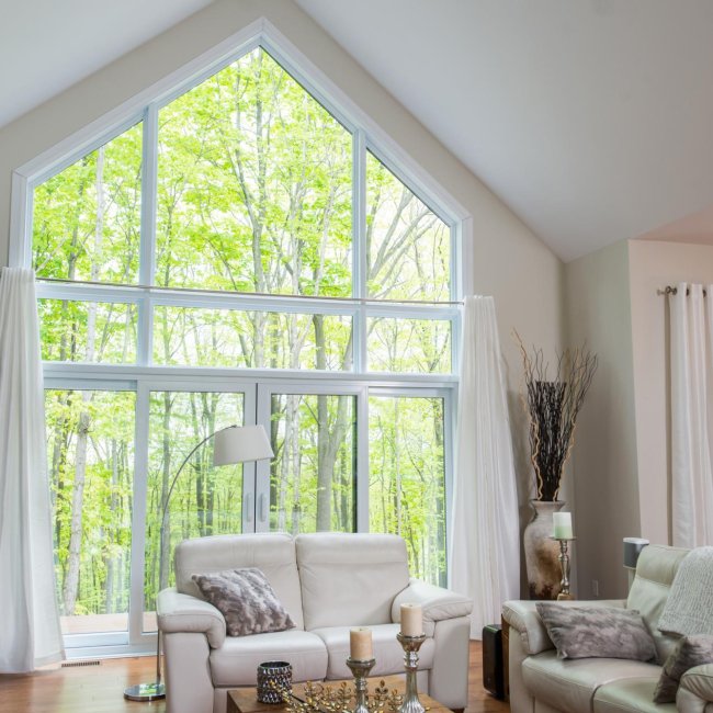 Patio door transom, fixed trapezoid window, hybrid aluminum exterior / PVC interior